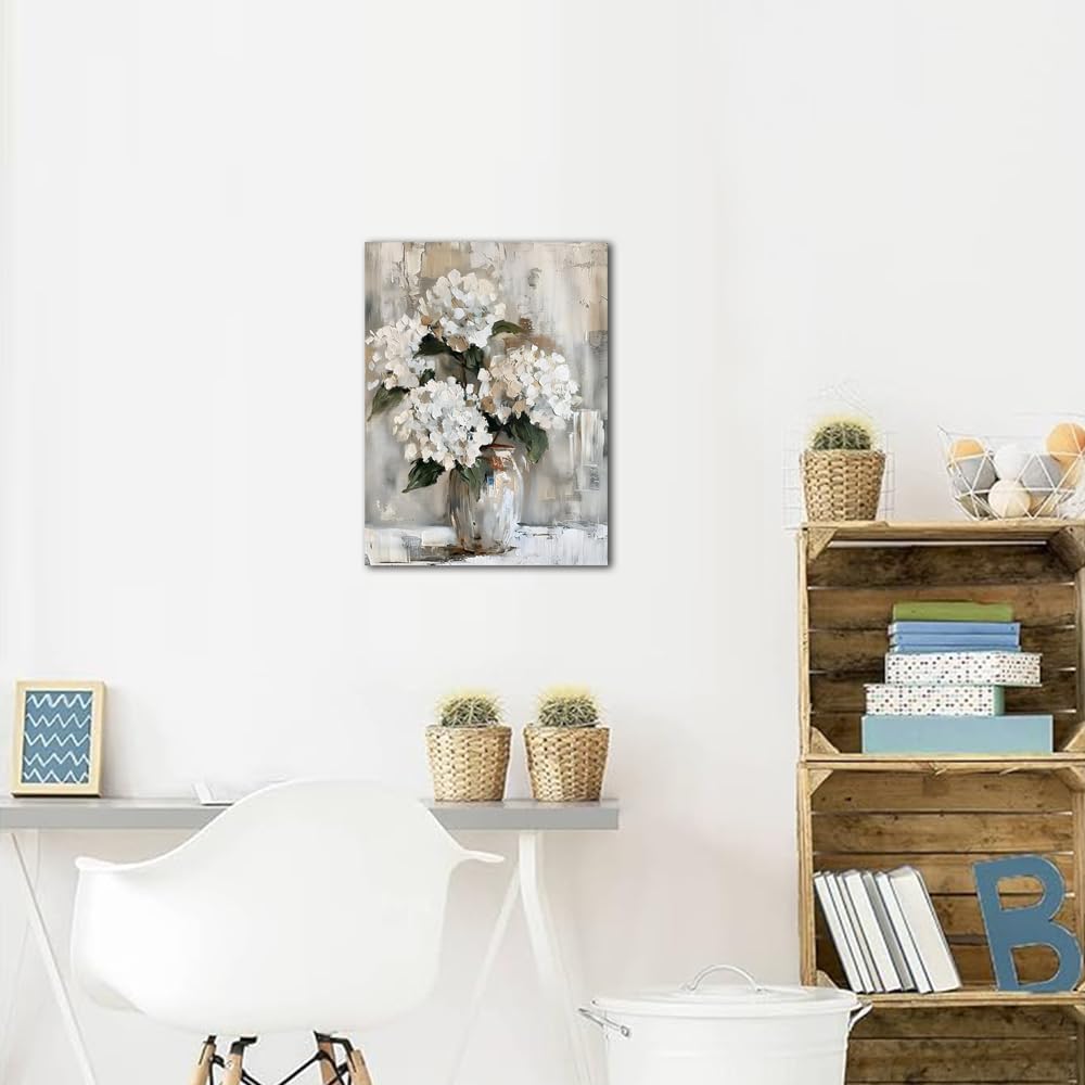 YRYWAWA White Hydrangea Bathroom Wall Art Canvas Print 12x15 Inches Retro Farmhouse Style Floral Artwork for Bedroom Living Room Office Decor