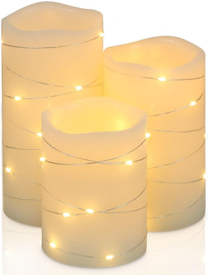 H-BLOSSOM Flickering Flameless Candles Ivory Real Wax Pillar with Embedded String Lights LED Candles Battery Operated with Cycling 5H Timer Set of 3 (3" x 4"/5"/6") (Ivory)