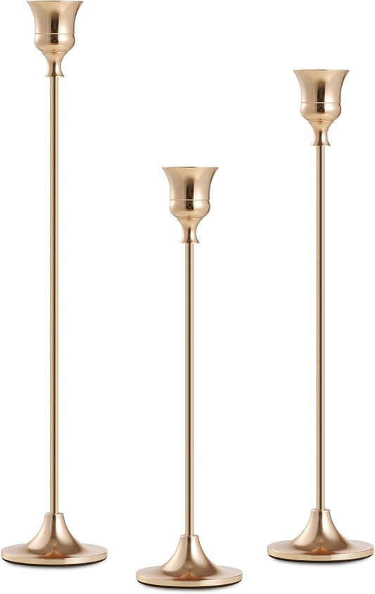 3PCS Taper Candle Holders Set, Gold Vintage Candlesticks for 3/4 and 7/8 Inch Candles with Wedding Dining Table Centerpiece Decor and Fireplace Mantel Housewarming Gift (6053)