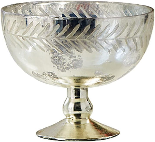 Serene Spaces Living Silver Etched Leaf Mercury Glass Bowl, Vintage Compote Bowl (Pack of 4)