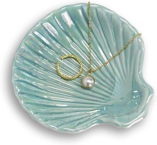 Ring Dish Shell Shape Ceramic Jewelry Dish Tray, Decorative Trinket Dish Organizing Rings Earrings Necklaces Keys for Mom Friend Sister, 3.9", Blue Iridescent Surface