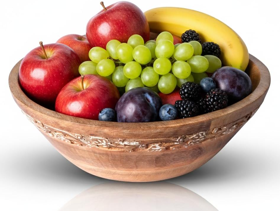 Mela Artisans Wooden Fruit Bowl – Whitewash Finish | Large 12” Mango Wood Serving Bowl with Felt Pads | Decorative bowl | Multipurpose Countertop Bowl for Breads | Salad | Fruit & More