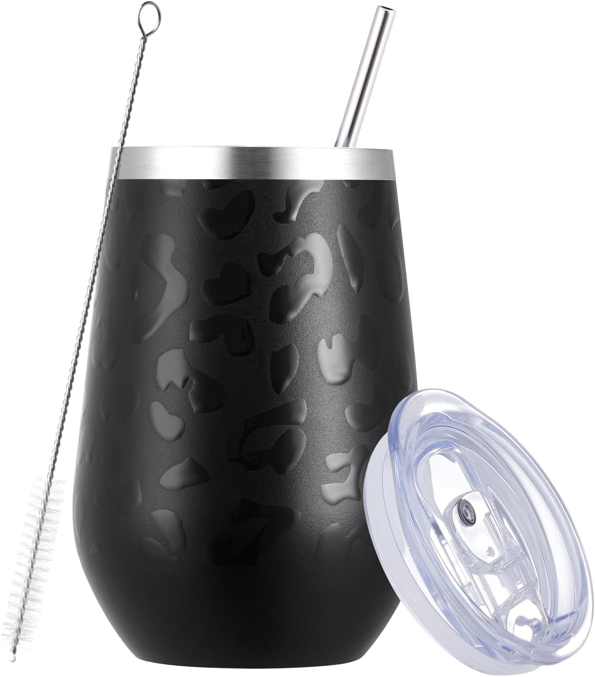 MEWAY 12oz Stainless Steel Wine Tumbler with Lid - Double Wall Vacuum Insulated Swig cups for Hot and Cold Drinks, Ideal for Coffee, Beer, Wine gifts for Women under 10 dollars(Black Leopard,1)