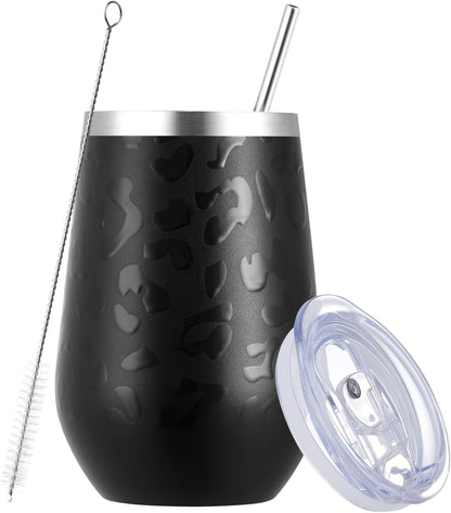 MEWAY 12oz Stainless Steel Wine Tumbler with Lid - Double Wall Vacuum Insulated Swig cups for Hot and Cold Drinks, Ideal for Coffee, Beer, Wine gifts for Women under 10 dollars(Black Leopard,1)