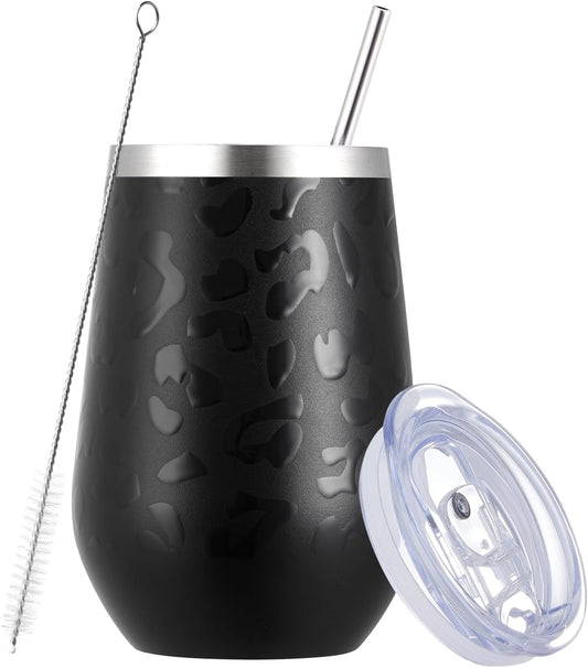 MEWAY 12oz Stainless Steel Wine Tumbler with Lid - Double Wall Vacuum Insulated Swig cups for Hot and Cold Drinks, Ideal for Coffee, Beer, Wine gifts for Women under 10 dollars(Black Leopard,1)