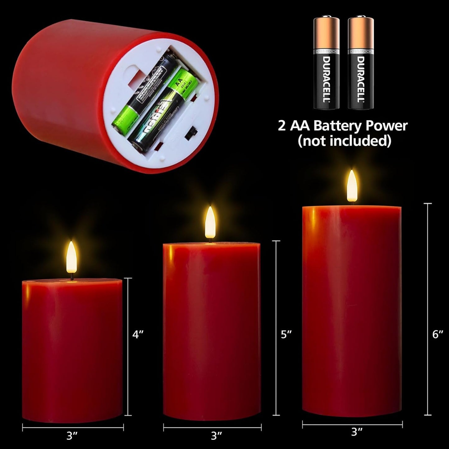 Eywamage Red Flameless Pillar Candles with Remote, Flickering Battery Operated LED Wax Candles Set of 3