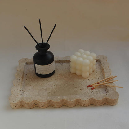 Natural Luxury Scalloped Marble Tray 10.8"x8", Rectangle Vanity Tray for Bathroom Kitchen Counter, Decorative Tray for Dresser Home Decor - Beige Travertine