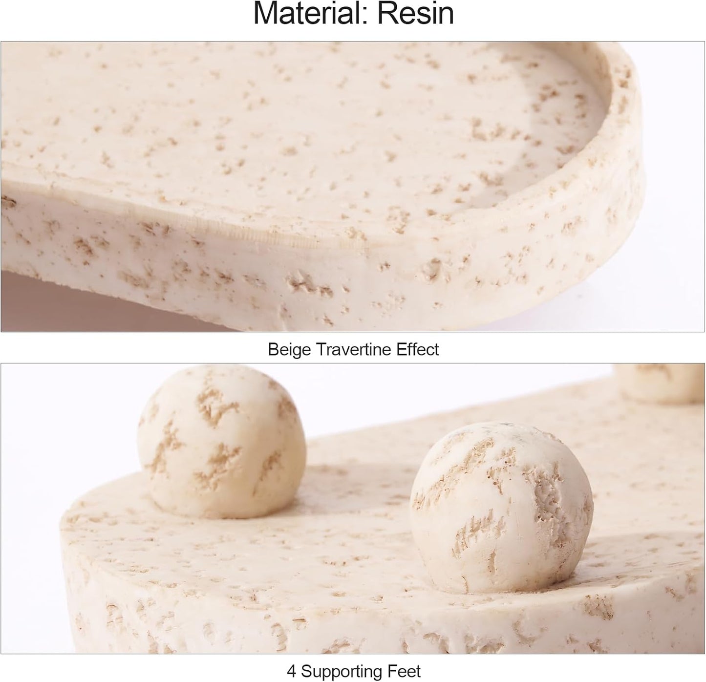 DN DECONATION Resin Decorative Tray with Legs, 4 Footed Coffee Table Trays Decor, Travertine Look Vanity Tray for Perfume Jewelry Bathroom Soap Kitchen Countertop Dresser, Oval 9.53x1.97in