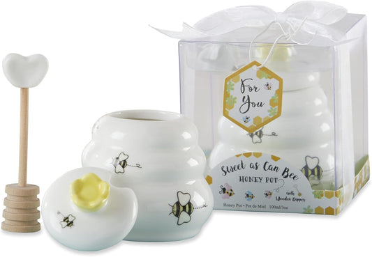 Kate Aspen Sweet as Can Bee Ceramic Mini Honey Pot with Wooden Honey Dipper (3.4 oz) Honey Jar, Bee Decor, White/Yellow (23261WT)