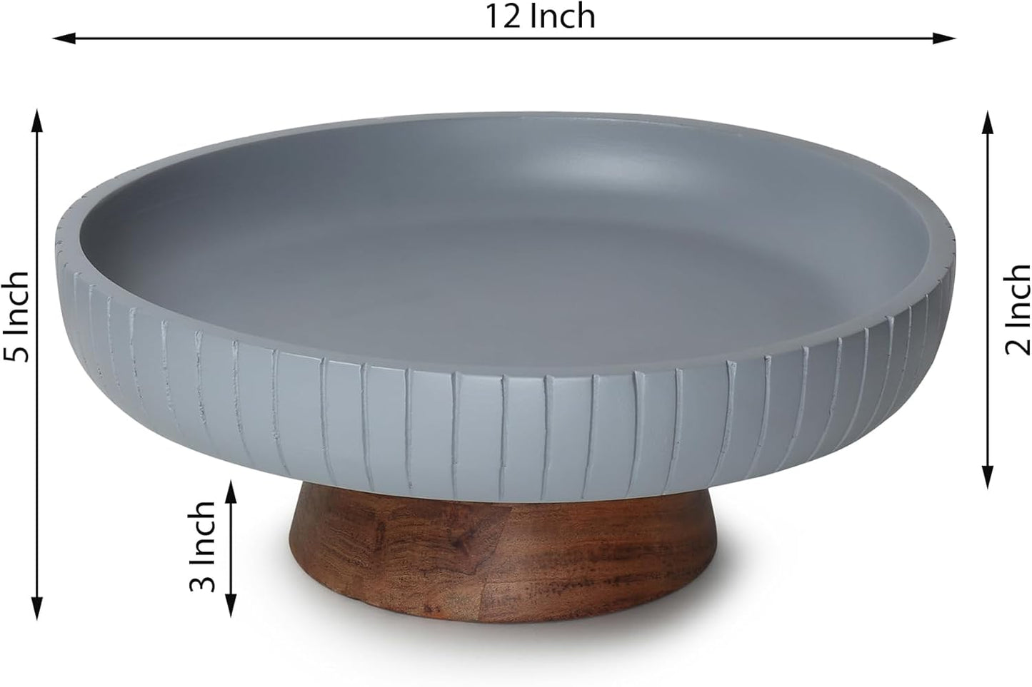 Mango Wood fruit bowl, Decorative gray bowl with natural finish pedestal | 12" dia | Dual tone look | Use as Centerpiece for kitchen counter or dining table | Wooden table decor|(Gray)