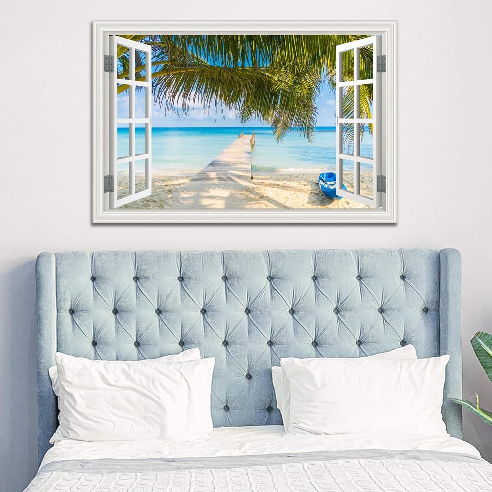 Tropical Palm Tree Canvas Art Decor for Wall Beach Pictures for Living Room White Fake Window Frame Style Ocean Landscape Painting for Bedroom Blue Seacape Art Print Extra Large Coastal Artwork for Home Office Basement Decorations32x48inch