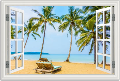 Tropical Beach Wall Art Fake Window Frame Style Blue Coastal Canvas with Palm Trees, 24x36 Inch, Ready to Hang for for Living Room, Bedroom, Bathroom & Home Office Décor