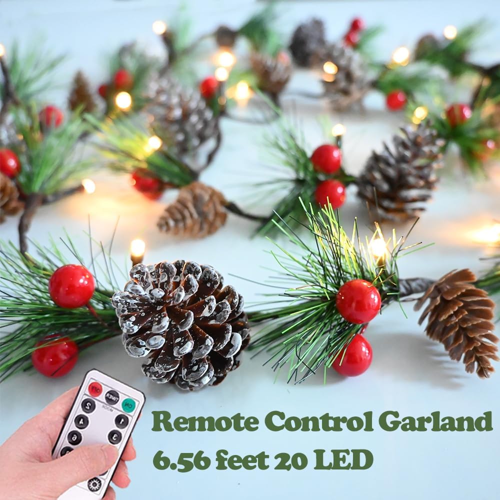 Christmas Garland Lights 6.56FT Holiday Prelit Garlands Pine Cone Red Berry Battery Operated with Remote Garland Wreath Xmas Decor Lights for Outdoor Indoor Christmas Tree Home Frontdoor Decorations