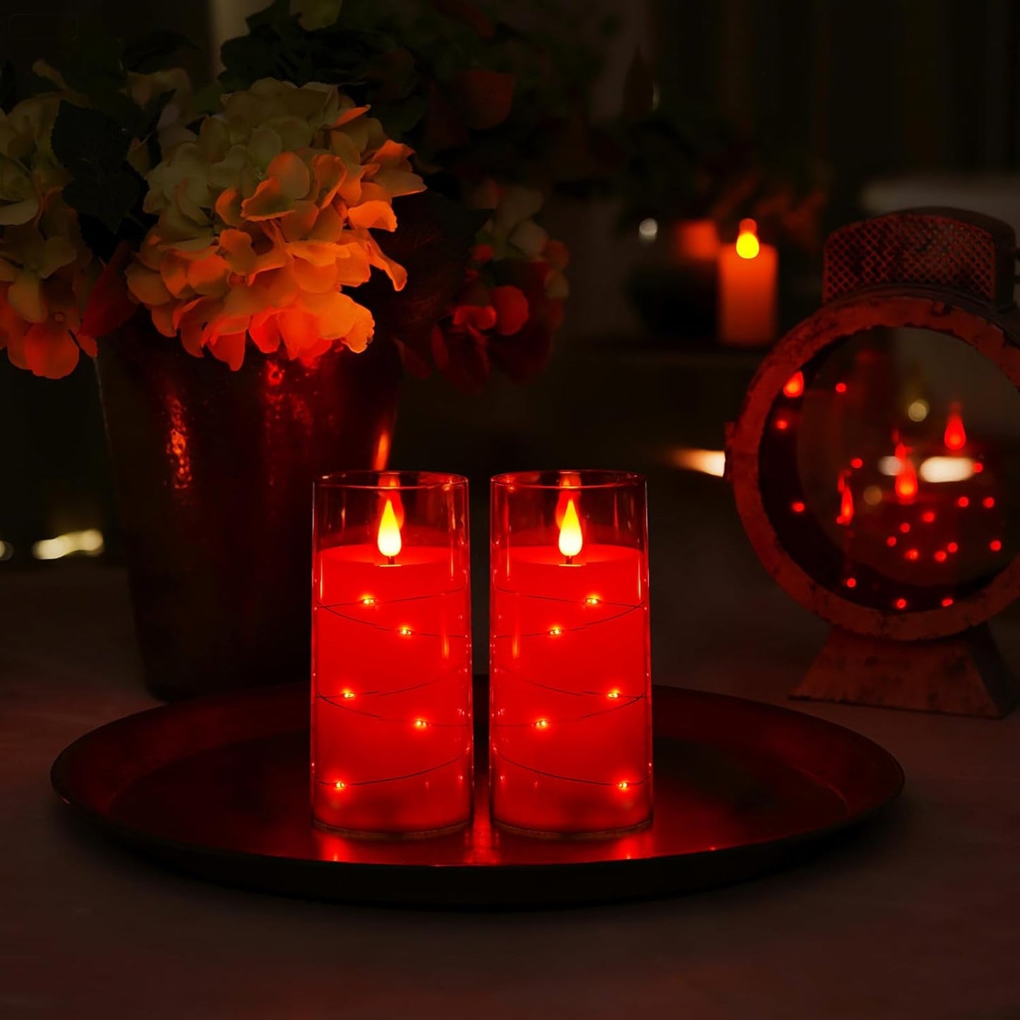 Homemory Flameless Candles with Embedded Star String Fairy Lights, Battery Operated Candles, LED Candle, Fake Candles with Remote Control and Timer, Red, Set of 2(H 6" 6")