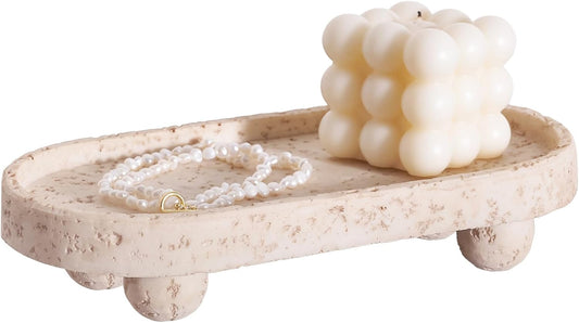 DN DECONATION Resin Decorative Tray with Legs, 4 Footed Coffee Table Trays Decor, Travertine Look Vanity Tray for Perfume Jewelry Bathroom Soap Kitchen Countertop Dresser, Oval 9.53x1.97in
