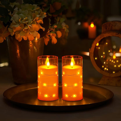 Homemory Flameless Candles with Embedded Star String Fairy Lights, Battery Operated Candles, LED Candle, Fake Candles with Remote Control and Timer, Orange, Set of 2(H 6" 6")