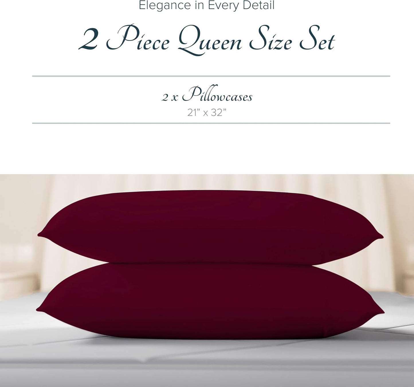 Carressa Linen 100% Egyptian Cotton Pillow Cases Standard/Queen Size Set of 2 - Luxury 1500 Thread Count Sateen Burgundy Pillow Cases, Silky Soft Cotton Pillowcases Fits Standard & Queen Pillows