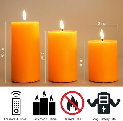 Eywamage Orange Halloween Flameless Pillar Candles with Remote, Real Wax Flickering Fall LED Candles Battery Operated Set of 3