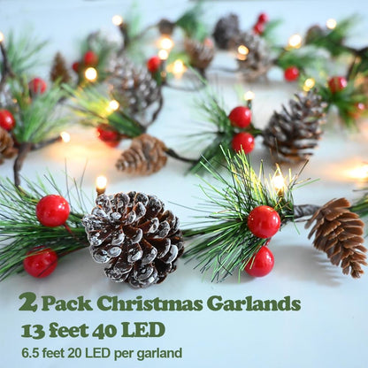 Christmas Garland Lights 2 Pack Holiday Prelit Garlands 13FT 40LED Pine Cone Garland Light with Red Berry Upgraded Battery Operated Garland with Lights Xmas Decor Lights for Outdoor Indoor Christmas