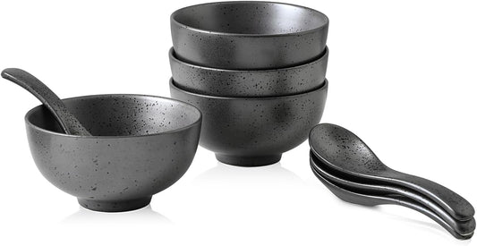 Stone lain Valencia Porcelain 8-Piece Round Bowl and Spoon Serving Set, Metallic Grey