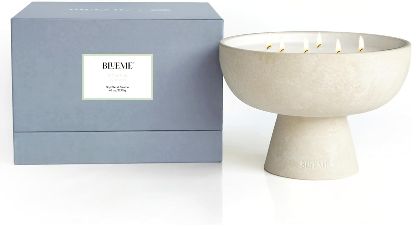BLUEME Renew - Ivy & Rose, Luxury Candle w/Essential Oils, 6 Wick, Hand-Poured Soy, Cotton Wick, Ceramic