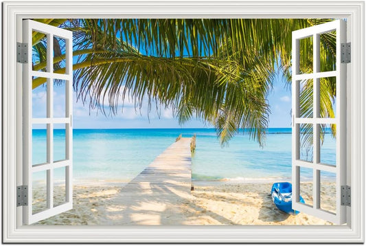 Tropical Palm Tree Canvas Art Decor for Wall Beach Pictures for Living Room White Fake Window Frame Style Ocean Landscape Painting for Bedroom Blue Seacape Art Print Extra Large Coastal Artwork for Home Office Basement Decorations32x48inch