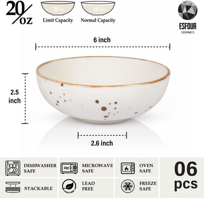 Esfour Round Porcelain Bowls - 18 Ounce - Set of 6 - Microwave, Oven, Dishwasher-Safe, Scratch Resistant, Porcelain Durable Small Dishes Bowls for Cereal, Salad, Pasta, Soup Dessert - Assorted Classic