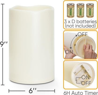 Homemory 6" x 9" Extra Large Outdoor Waterproof Candle with Auto 6-Hour Timer, No Remote, Ivory Plastic Made, Long Last for Half A Year