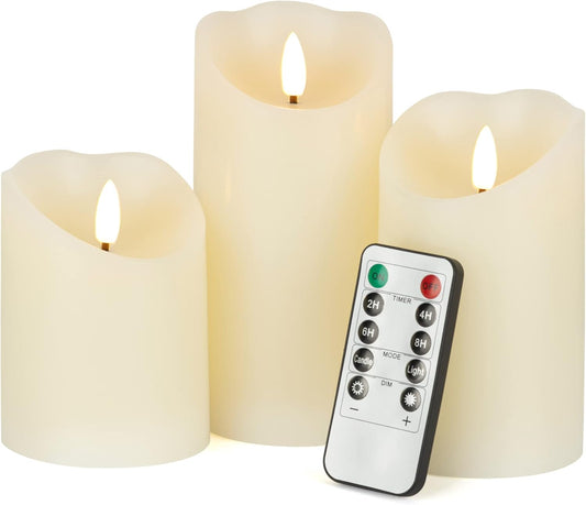 Flameless Candles with Remote, Battery Operated Real Wax LED Flickering Candles with Timer, Fake Electric Candles for Christmas Party Room Home Decor, Set of 3 (Ivory)