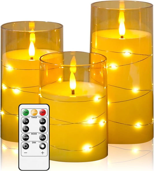 Flameless LED Candles with Timer 3 Pc Flickering Flameless Candles for Romantic Ambiance and Home Decoration Stable Acrylic Shell,with Embedded Star String，Battery Operated Candles（Gold）