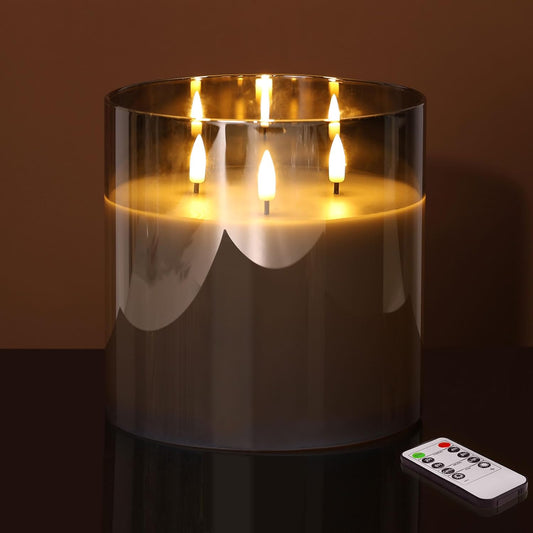 Eywamage 3 Wick Silver Grey Glass Flameless LED Candle with Remote, Flickering Large Battery Pillar Candle Decor Φ 6" H 6"