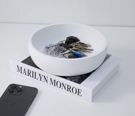 Aotea Crafts 7.9" Large White Key Bowl for Entryway Table Decor - Modern Concrete Sturdy Decorative Key Holder Bowl for Keys