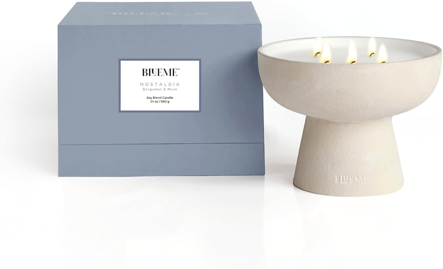 BLUEME Nostalgia - Bergamot & Musk, Luxury Candle w/Essential Oils, 5 Wick, Hand-Poured Soy, Cotton Wick, Ceramic
