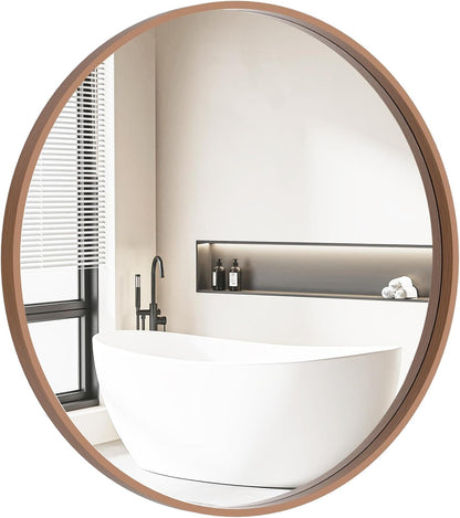 HOMECOOKIN Round Wood Mirror, 28" Round Bathroom Wall Mirror Circle Mirrors for Wall Decor, Vanity, Living Room, Bedroom, Entryway, Walnut