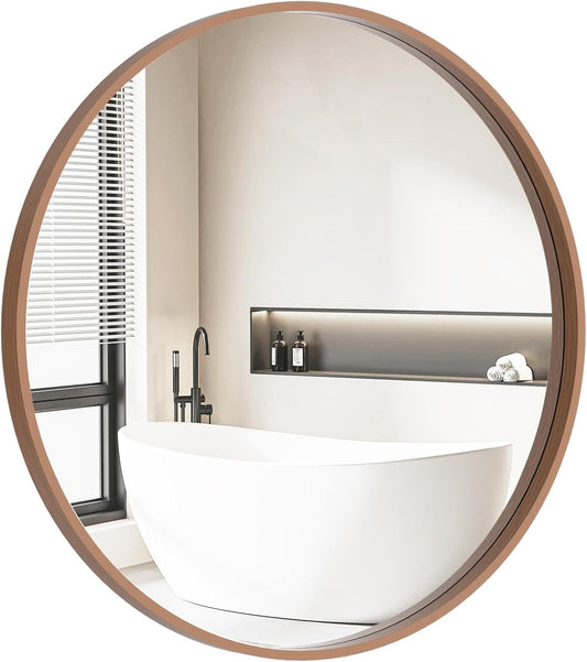 HOMECOOKIN Round Wood Mirror, 28" Round Bathroom Wall Mirror Circle Mirrors for Wall Decor, Vanity, Living Room, Bedroom, Entryway, Walnut