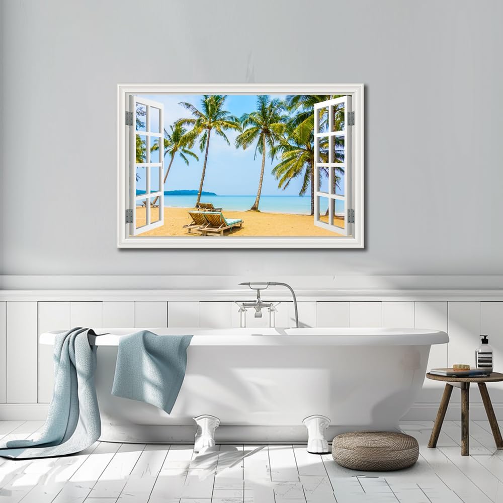 Tropical Beach Wall Art Fake Window Frame Style Blue Coastal Canvas with Palm Trees, 24x36 Inch, Ready to Hang for for Living Room, Bedroom, Bathroom & Home Office Décor