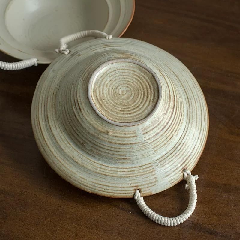 Vintage Distressed Ceramic Serving Bowl with Rope Handles, 7.5 Inch Rustic Decorative Bowl for Fruits and Pasta, Vintage White