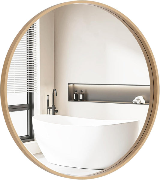 HOMECOOKIN Round Wood Mirror, 28" Round Bathroom Wall Mirror Circle Mirrors for Wall Decor, Vanity, Living Room, Bedroom, Entryway, Natural