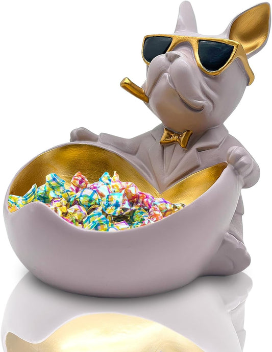 Bulldog Candy Bowl Decor, Heart-shaped Key Holder Bowl Candy Dish, Bulldog Accessories, Resin Bulldog Statue for Office Desk Home Decor Figurines Entryway Table Decor (Purple Grey)