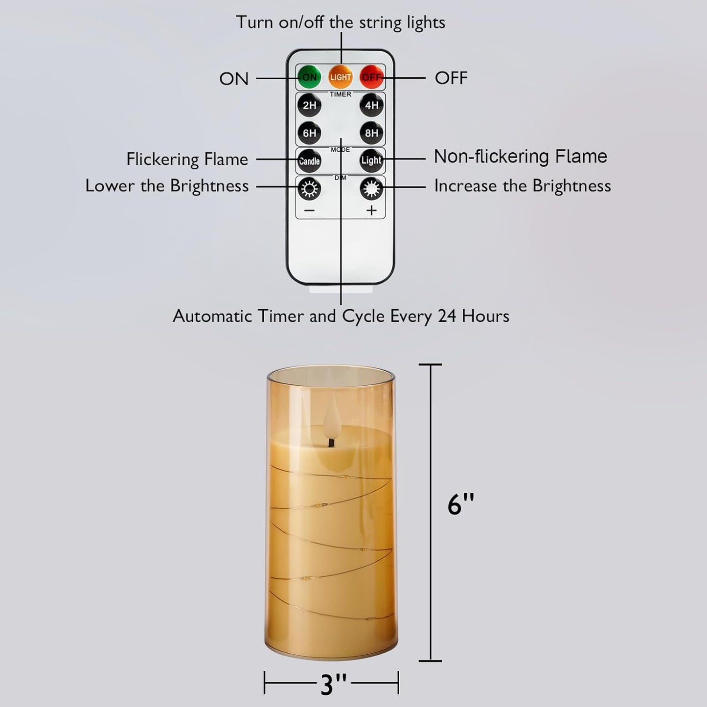 Homemory Flameless Candles with Embedded Star String Fairy Lights, Battery Operated Candles, LED Candle, Fake Candles with Remote Control and Timer, Gold, Set of 2(H 6" 6")
