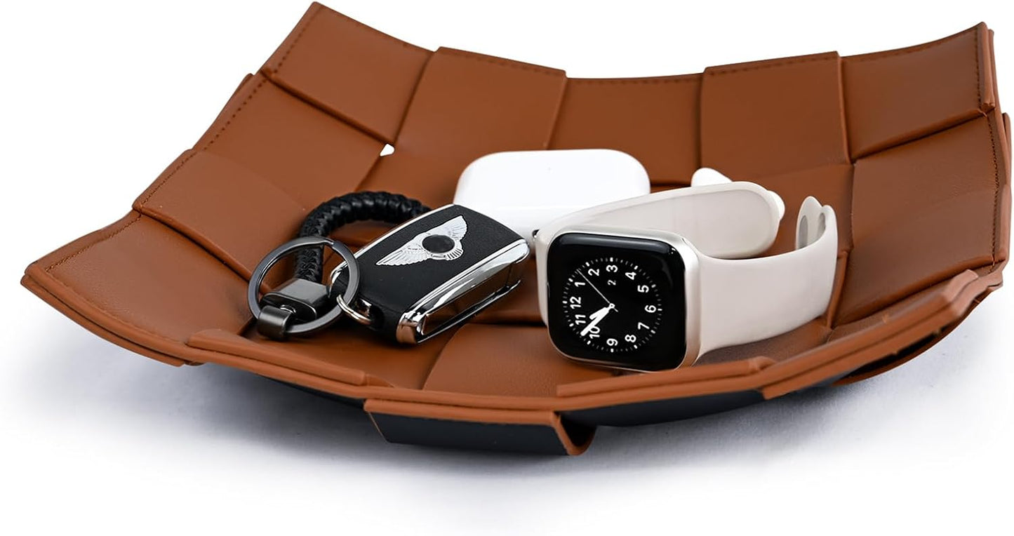 Valet Tray PU Leather Key Holder Bowl for Men Entryway Table Nightstand Desk Tray for Wallet, Keys Men's Gift - Brown & Black, 9.8" L x 9.8" W x 2" H