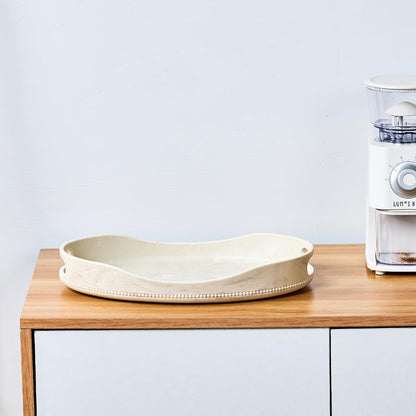 Beige Travertine Marble Serving Tray with Handles - 14x10 inches, Beaded Oval Decorative Tray, Countertop Ottoman Tray for Vanity, Living Room Entryway Table, Perfume Candle Display