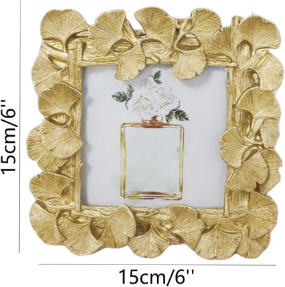 1pcs 4x4 Inch Vintage Photo Frame Resin Picture Frame Ginkgo Leaves Decoration Photo Frame Stand Holder (Gloden)