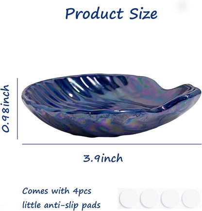 Shell Jewelry Holder Dish Aesthetic, Ceramic Seashell Trinket Dish for Women, Cute Room Decor Jewelry Plates for Earrings Ring Necklace, 3.9", Indigo Iridescent Surface