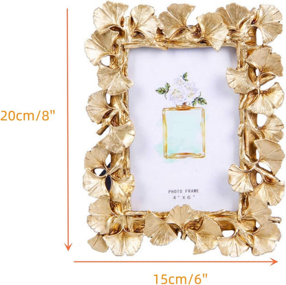 1PCS 4X6 Inch Vintage Photo Frame Resin Picture Frame Ginkgo Leaves Decoration Photo Frame Stand Holder (Golden)