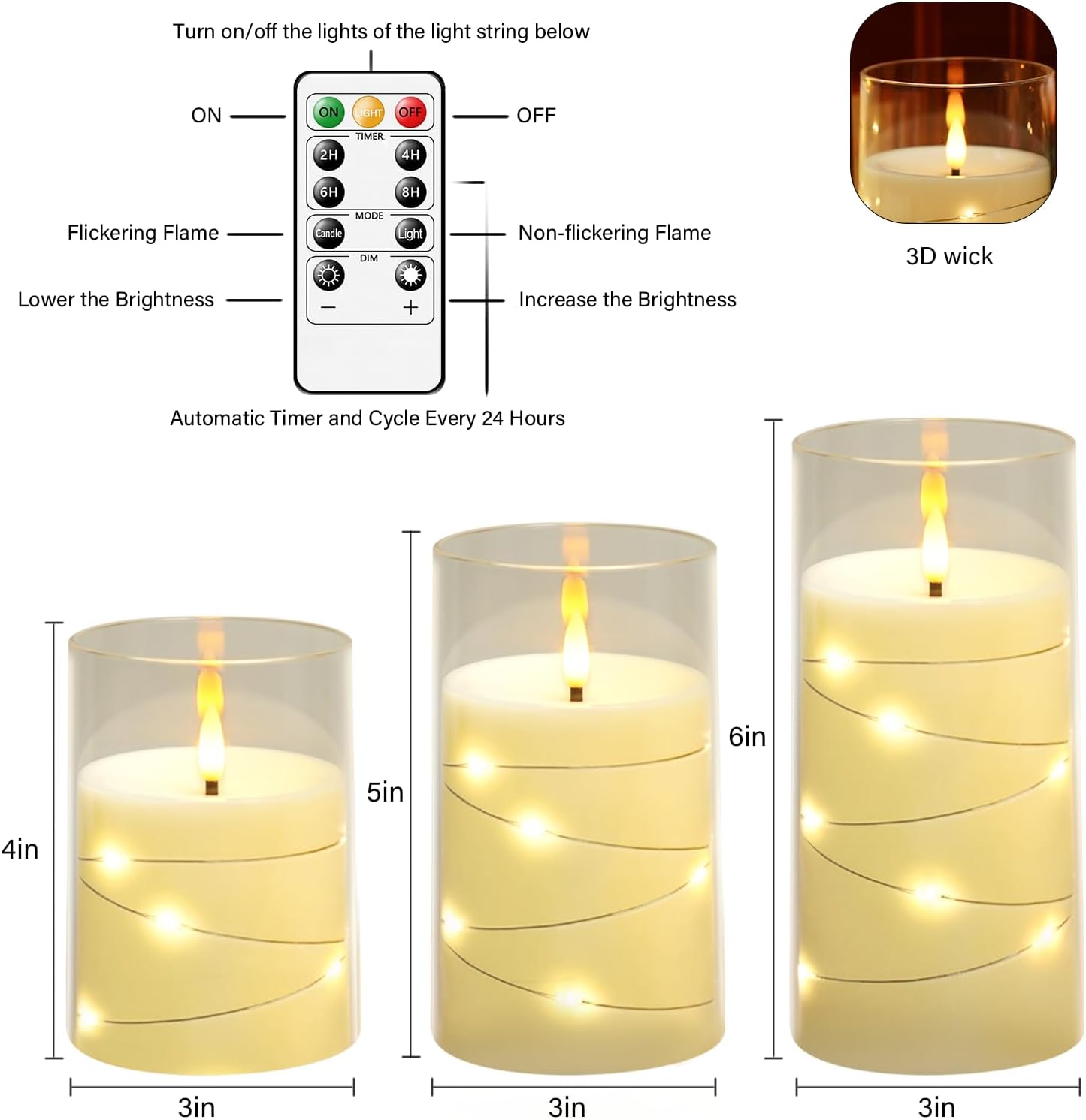 Flameless LED Candles with Timer 3 Pc Flickering Flameless Candles for Romantic Ambiance and Home Decoration Stable Acrylic Shell,with Embedded Star String，Battery Operated Candles（Ivory）