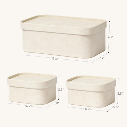 La Jolie Maison Vegan Leather Storage Boxes with Lids, Set of 3 Decorative Storage Containers Organize Stackable Storage Box, Beige