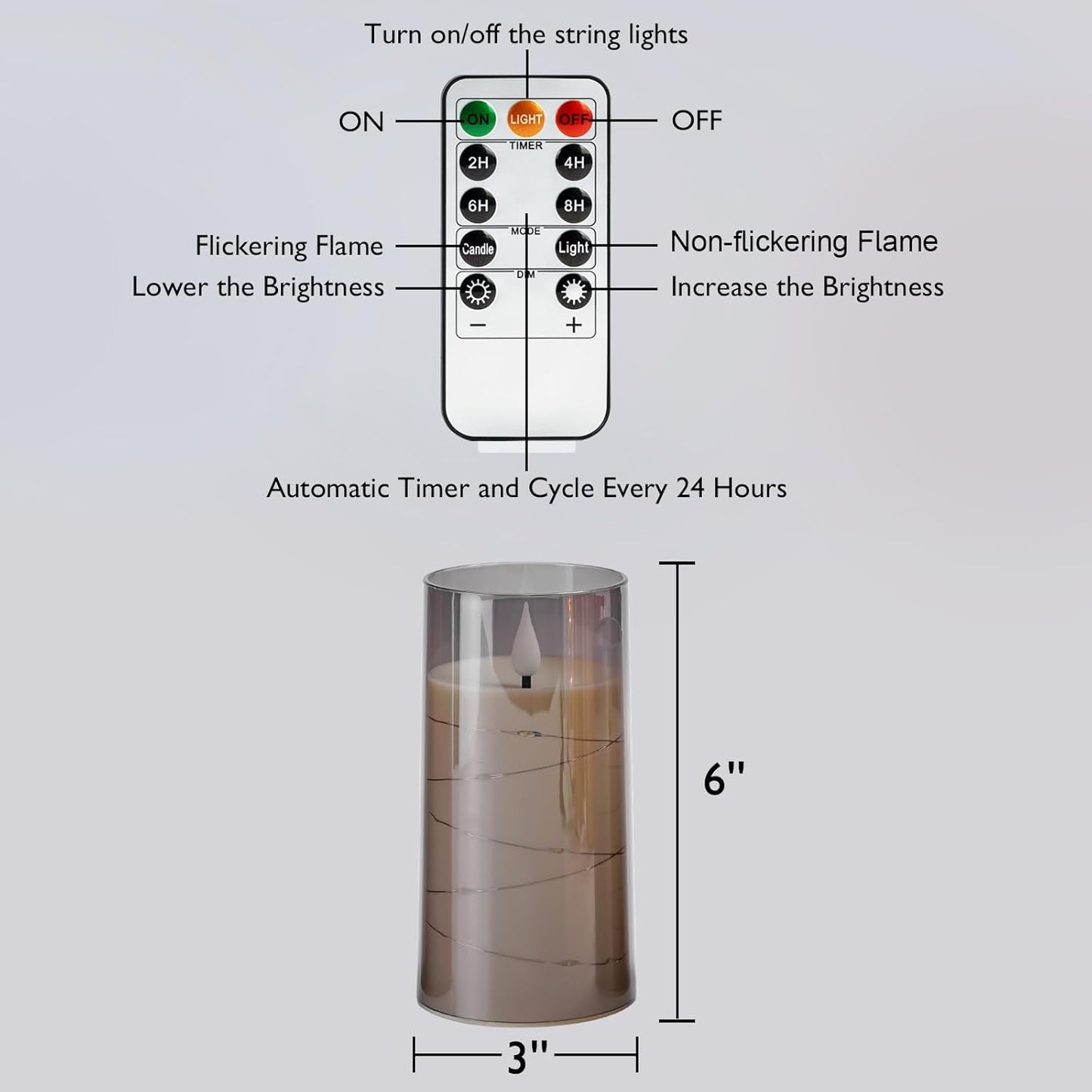 Homemory Flameless Candles with Embedded Star String Fairy Lights, Battery Operated Candles, LED Candle, Fake Candles with Remote Control and Timer, Grey, Set of 2(H 6" 6")