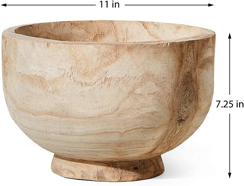Serene Spaces Living Paulownia Wood Decorative Bowl – Handmade Round Wood Bowl for Home Décor, Centerpieces, Wedding, Parties, and Floral Arrangements, 7" Tall & 11" Diameter
