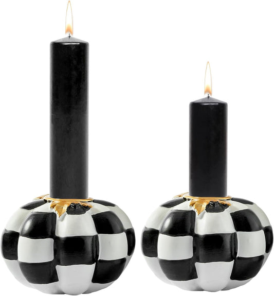 WDS WONDROUS Pumpkin Candle Holders Set of 2 Black & White, Fall & Halloween Thanksgiving Decor, Pumpkins Candlestick Holders for Centerpiece, Checkered Pumpkin Decor, Taper Candle Holders for Table